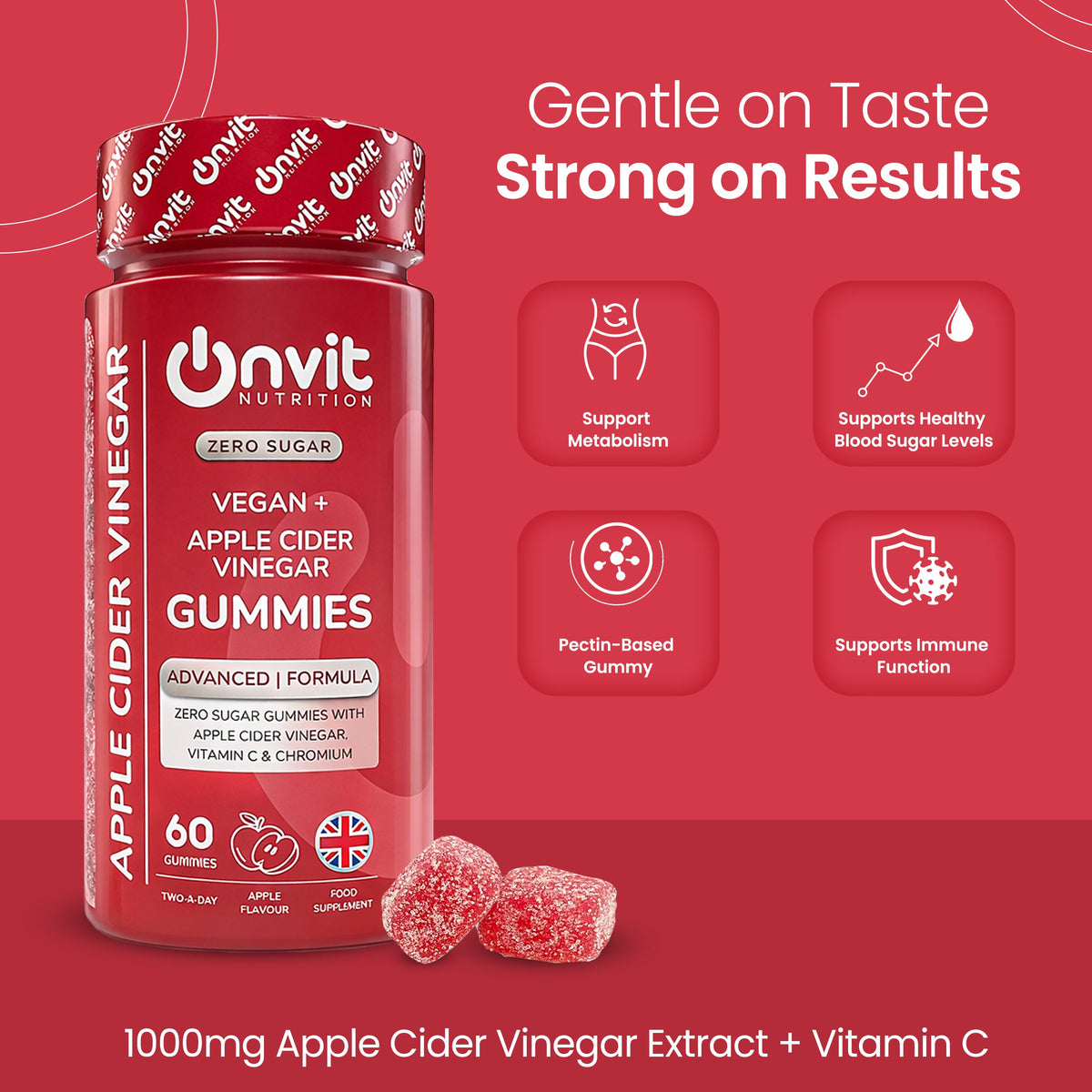 Onvit Nutrition Apple Cider Vinegar Gummies – Zero Sugar Vegan+ – 60 Gummies