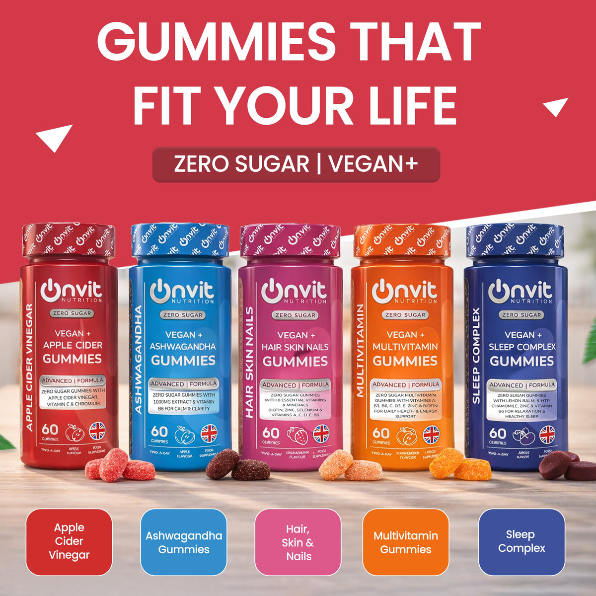 Onvit Nutrition Apple Cider Vinegar Gummies – Zero Sugar Vegan+ – 60 Gummies